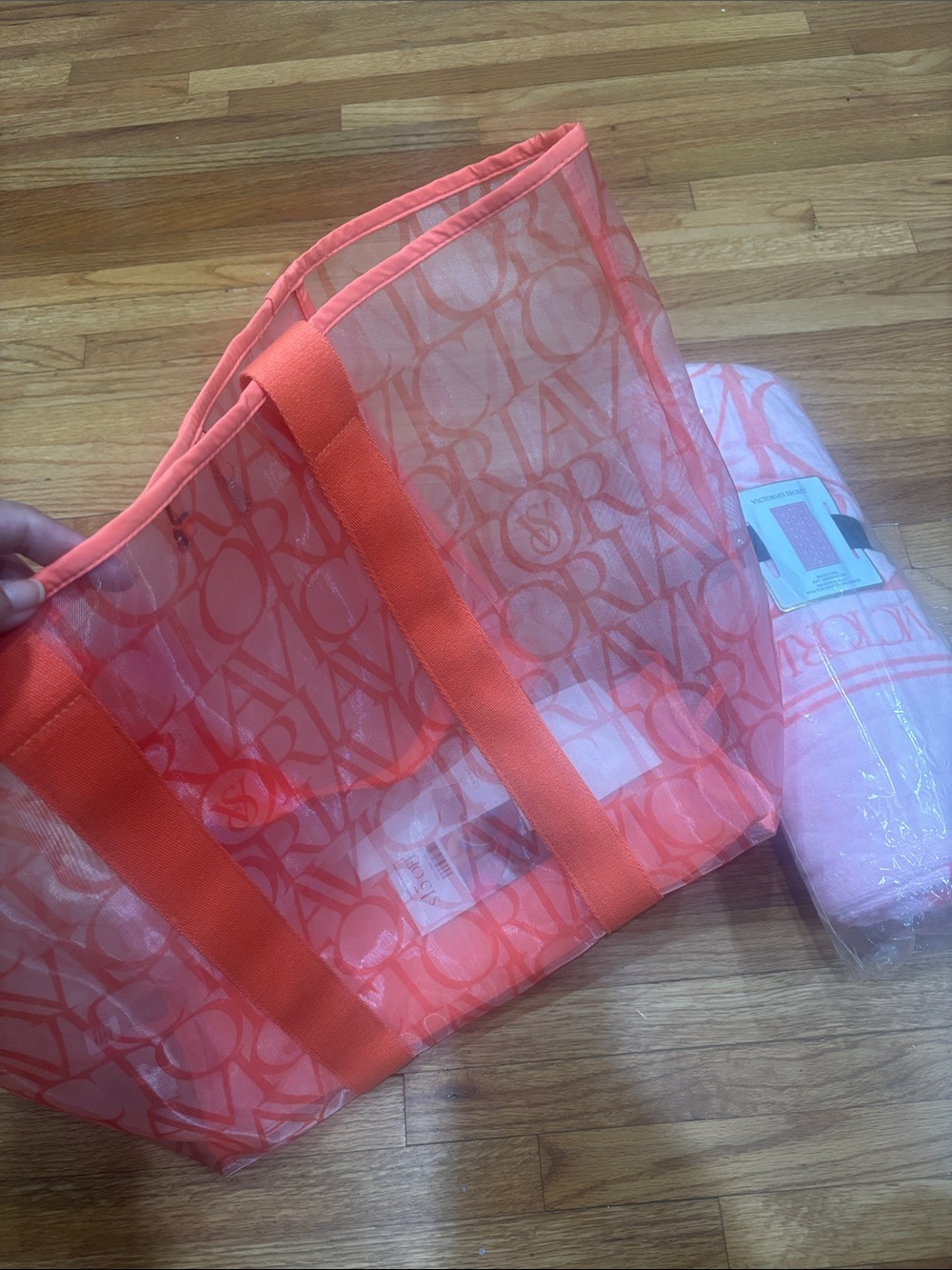 Victoria's Secret Neon Coral Logo Mesh Tote beach bag and towel.